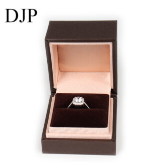 Brown leatherette flip-top ring box with silk and plush interior, perfect for jewelry packaging, custom and wholesale from China