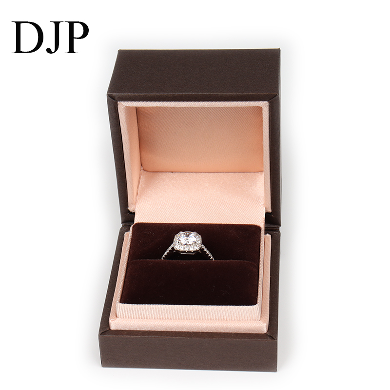 Custom Ring Box Factory-China Jewelry Packaging Wholesale Brown leatherette flip-top ring box with silk and plush interior, perfect for jewelry packaging, custom and wholesale from China