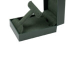 Green leatherette rectangular jewelry box with a foldable microfiber insert for earrings and a pendant.