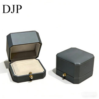 luxury blue leather double ring box with gray microfiber interior and diamond button