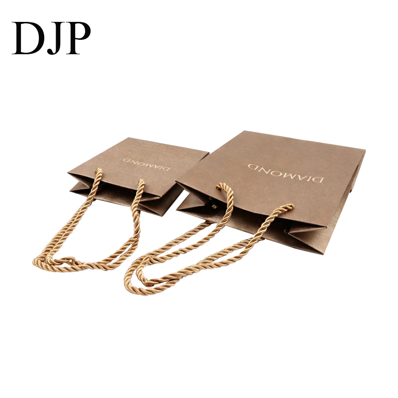 Gold Paper Jewelry Bags with Rope Handles Gold paper jewelry shopping bags with rope handles and custom logo for retail packaging